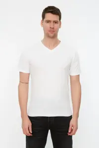 MAN White slim/Narrow Kesim Basic V-neck Short Sleeve 100% Cotton T-Shirt - Image 3