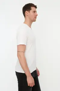 MAN White slim/Narrow Kesim Basic V-neck Short Sleeve 100% Cotton T-Shirt - Image 5