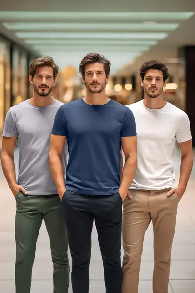 MAN Gray-Ecru-Indigo slim/Narrow Kesim Crew Neck Basic 100% Cotton 3 Sets Paket T-Shirt