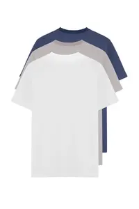 MAN Gray-Ecru-Indigo slim/Narrow Kesim Crew Neck Basic 100% Cotton 3 Sets Paket T-Shirt - Image 3