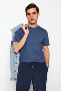 MAN Gray-Ecru-Indigo slim/Narrow Kesim Crew Neck Basic 100% Cotton 3 Sets Paket T-Shirt - Image 6