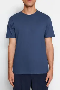MAN Gray-Ecru-Indigo slim/Narrow Kesim Crew Neck Basic 100% Cotton 3 Sets Paket T-Shirt - Image 7
