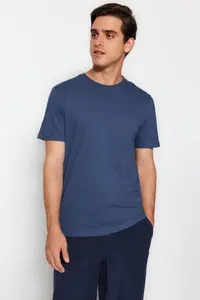 MAN Gray-Ecru-Indigo slim/Narrow Kesim Crew Neck Basic 100% Cotton 3 Sets Paket T-Shirt - Image 9