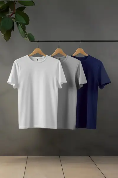 MAN Navy Blue-Gray-Ecru 3 Sets Paket Black slim/Narrow Kesim Basic 100% Cotton T-Shirt