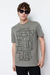 MAN Khaki slim/Narrow Kesim Printed 100% Cotton Printed T-Shirt