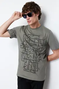 MAN Khaki slim/Narrow Kesim Printed 100% Cotton Printed T-Shirt - Image 2