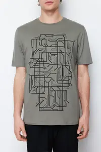 MAN Khaki slim/Narrow Kesim Printed 100% Cotton Printed T-Shirt - Image 4