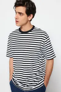 MAN Black Oversized/Wide Cut Striped Short Sleeve T-Shirt - Image 3