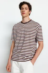 MAN Light Brown Oversized/Wide Cut Striped Crew Neck Short Sleeve T-Shirt