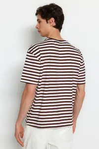 MAN Light Brown Oversized/Wide Cut Striped Crew Neck Short Sleeve T-Shirt - Image 2