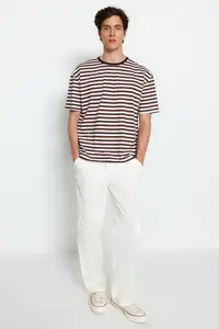 MAN Light Brown Oversized/Wide Cut Striped Crew Neck Short Sleeve T-Shirt - Image 3