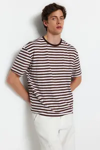 MAN Light Brown Oversized/Wide Cut Striped Crew Neck Short Sleeve T-Shirt - Image 4