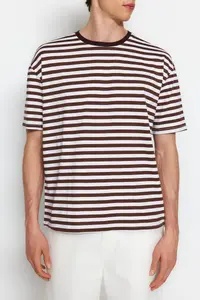 MAN Light Brown Oversized/Wide Cut Striped Crew Neck Short Sleeve T-Shirt - Image 5