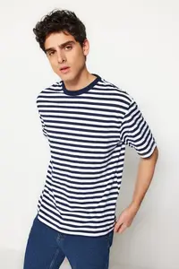 MAN Navy Blue Oversized/Wide Cut Striped Short Sleeve T-Shirt