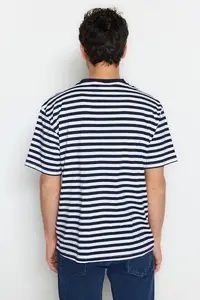 MAN Navy Blue Oversized/Wide Cut Striped Short Sleeve T-Shirt - Image 2