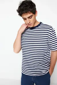 MAN Navy Blue Oversized/Wide Cut Striped Short Sleeve T-Shirt - Image 3
