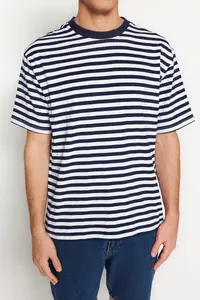 MAN Navy Blue Oversized/Wide Cut Striped Short Sleeve T-Shirt - Image 4