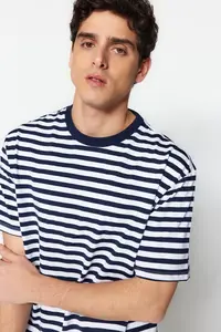 MAN Navy Blue Oversized/Wide Cut Striped Short Sleeve T-Shirt - Image 5
