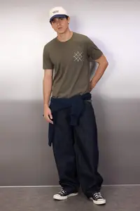 MAN Khaki Regular Fit Crew Neck Short Sleeve Printed T-Shirt