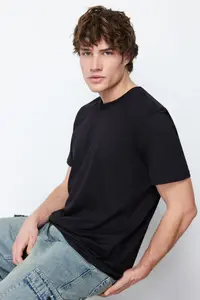 MAN Black Basic 100% Cotton Regular/Normal Kesim Crew Neck T-Shirt - Image 4