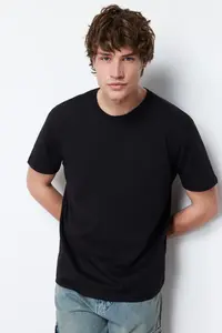 MAN Black Basic 100% Cotton Regular/Normal Kesim Crew Neck T-Shirt - Image 5