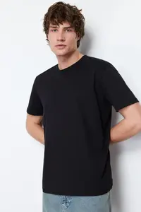 MAN Black Basic 100% Cotton Regular/Normal Kesim Crew Neck T-Shirt - Image 6