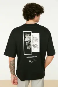 MAN Black Oversized/Wide Cut Crew Neck Back Printed 100% Cotton Short Sleeve T-Shirt