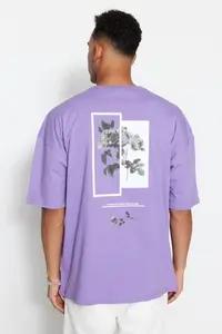 MAN Lilac Oversized/Wide Cut Crew Neck Back Printed 100% Cotton Short Sleeve T-Shirt