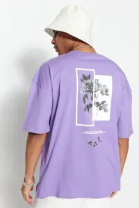 MAN Lilac Oversized/Wide Cut Crew Neck Back Printed 100% Cotton Short Sleeve T-Shirt - Image 3