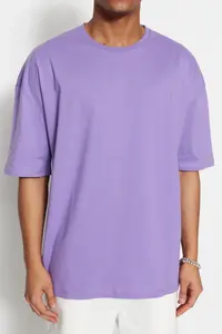 MAN Lilac Oversized/Wide Cut Crew Neck Back Printed 100% Cotton Short Sleeve T-Shirt - Image 5