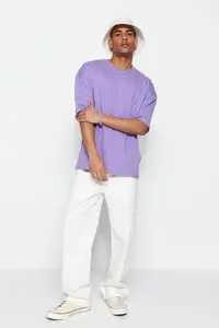 MAN Lilac Oversized/Wide Cut Crew Neck Back Printed 100% Cotton Short Sleeve T-Shirt - Image 7