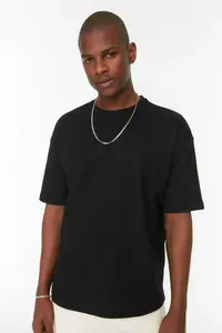 MAN Black Oversized/Wide Cut Short Sleeve textured Basic T-Shirt