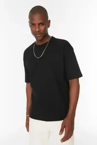 MAN Black Oversized/Wide Cut Short Sleeve textured Basic T-Shirt - Image 3