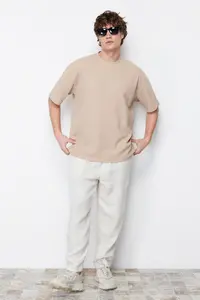 MAN Camel Oversized/Wide Cut Crew Neck Short Sleeve Basic textured T-Shirt - Image 3