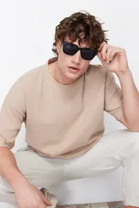 MAN Camel Oversized/Wide Cut Crew Neck Short Sleeve Basic textured T-Shirt - Image 4
