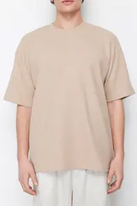 MAN Camel Oversized/Wide Cut Crew Neck Short Sleeve Basic textured T-Shirt - Image 5