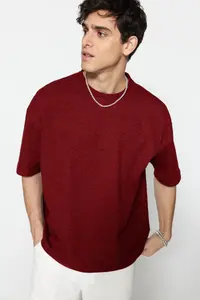 MAN Basic Burgundy Oversized/Wide Cut textured Waffle Short Sleeve T-Shirt