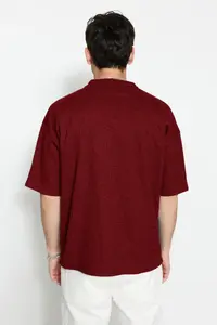 MAN Basic Burgundy Oversized/Wide Cut textured Waffle Short Sleeve T-Shirt - Image 2