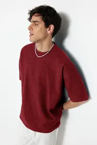 MAN Basic Burgundy Oversized/Wide Cut textured Waffle Short Sleeve T-Shirt - Image 3