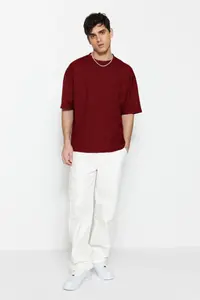 MAN Basic Burgundy Oversized/Wide Cut textured Waffle Short Sleeve T-Shirt - Image 4