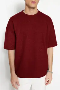MAN Basic Burgundy Oversized/Wide Cut textured Waffle Short Sleeve T-Shirt - Image 6