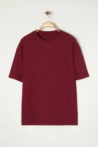 MAN Basic Burgundy Oversized/Wide Cut textured Waffle Short Sleeve T-Shirt - Image 7
