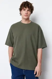 MAN Khaki Oversized Short Sleeve textured T-Shirt