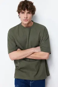 MAN Khaki Oversized Short Sleeve textured T-Shirt - Image 3