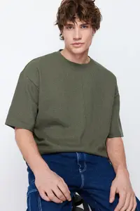 MAN Khaki Oversized Short Sleeve textured T-Shirt - Image 4