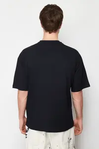 MAN Black Oversized/Wide Cut 100% Cotton Velvet Texture Printed T-Shirt - Image 2
