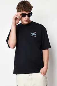 MAN Black Oversized/Wide Cut 100% Cotton Velvet Texture Printed T-Shirt - Image 4