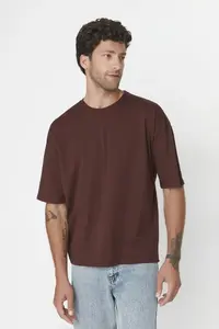 MAN Brown Oversized/Wide Cut 100% Cotton Short Sleeve Basic T-Shirt - Image 3