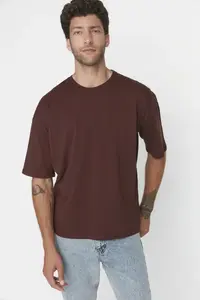 MAN Brown Oversized/Wide Cut 100% Cotton Short Sleeve Basic T-Shirt - Image 5