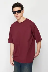 MAN Burgundy Oversized/Wide Cut Basic 100% Cotton T-Shirt - Image 3